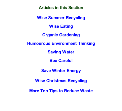 Articles in this Section  Wise Summer Recycling   Wise Eating  Organic Gardening  Humourous Environment Thinking  Saving Water  Bee Careful  Save Winter Energy  Wise Christmas Recycling  More Top Tips to Reduce Waste