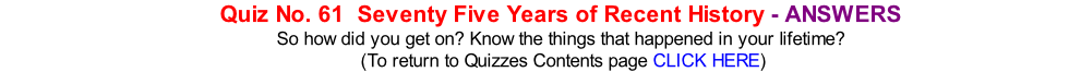 Quiz No. 61  Seventy Five Years of Recent History - ANSWERS So how did you get on? Know the things that happened in your lifetime? 	(To return to Quizzes Contents page CLICK HERE)