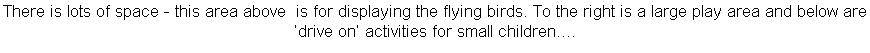 There is lots of space - this area above  is for displaying the flying birds. To the right is a large play area and below are ‘drive on’ activities for small children....                
